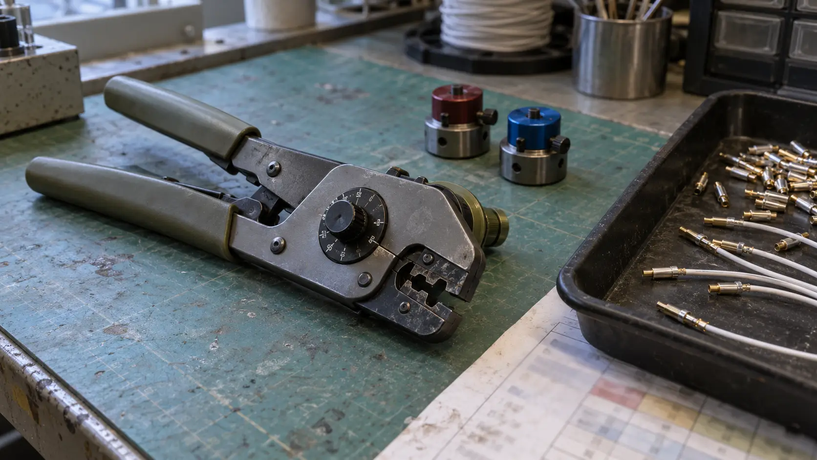 MIL-spec crimp tools with a colour-coded positioner and size 22D contacts laid out on a scuffed work